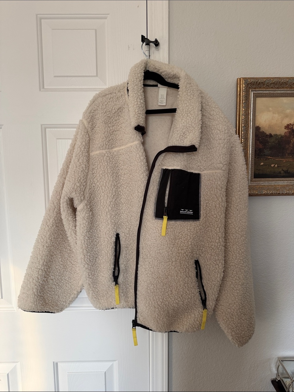 H&M Cream Sherpa Jacket with Black Trim and Yellow Accents
